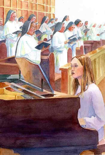 Alexandra, playing the piano in Church,