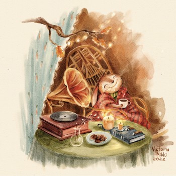 Watercolor illustration in vintage style (bunny, autumn and music)