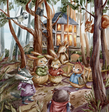 Vintage watercolor illustration of woodland animals around a treehouse.