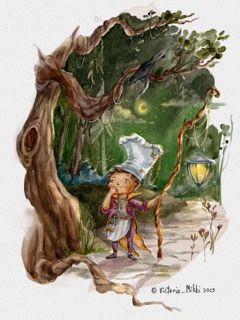 Wizard in the forest, classic watercolor illustration, cook, magic night sky