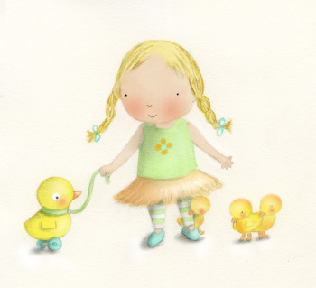 Little girl with ducklings